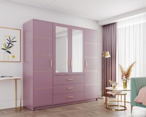 Bali II 4 door wardrobe in Plum with gold strips in a bright bedroom