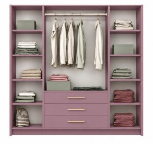 Interior layout of the Plum Bali II 4 door wardrobe showing rail, drawers and two shelf columns
