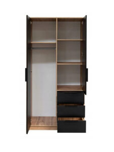 Bali Lux 100cm wardrobe in Oak Wotan and Black Matt with both doors open showing hanging rail, shelves and drawers