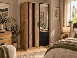 Bali Lux 2 door wardrobe in Oak Wotan and Black Matt with slatted door, mirror and drawers in a bedroom
