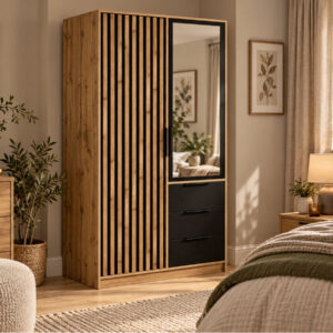 Bali Lux 2 door wardrobe in Oak Wotan and Black Matt with slatted door, mirror and drawers in a bedroom