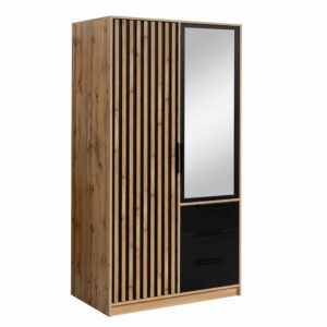 Front view of the Bali Lux 100cm wardrobe in Oak Wotan and Black Matt with three black drawers