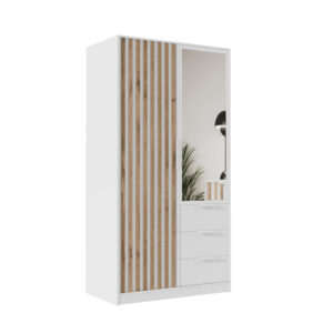 Front view of the Bali Lux 100cm wardrobe in Oak Wotan and White Matt with mirrored door and white drawers