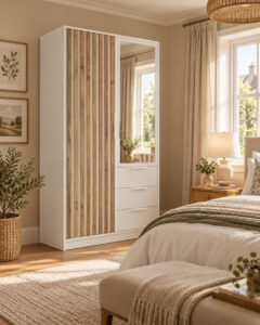 Bali Lux 2 door wardrobe in Oak Wotan and White Matt with oak slatted door and mirror in a bright bedroom