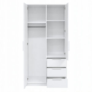 Bali Lux 100cm wardrobe in White Matt with doors open showing hanging space, shelves and three drawers