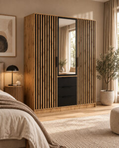 Bali Lux 3 door wardrobe in Oak Wotan and Black Matt with slatted doors, central mirror and drawers in a bedroom