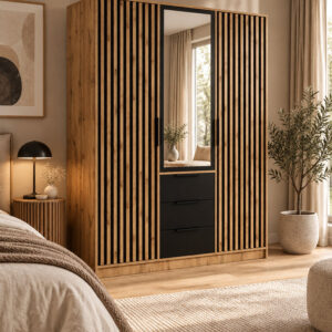Bali Lux 3 door wardrobe in Oak Wotan and Black Matt with slatted doors, central mirror and drawers in a bedroom