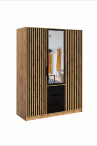 Front view of the Bali Lux 149cm wardrobe in Oak Wotan and Black Matt with three black drawers