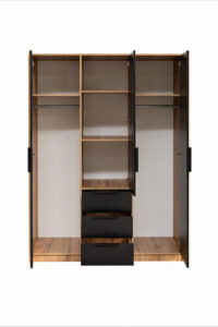 Bali Lux 149cm wardrobe in Oak Wotan and Black Matt with all doors open showing two hanging rails, shelves and drawers