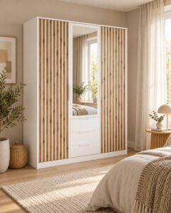 Bali Lux 3 door wardrobe in Oak Wotan and White Matt with oak slatted doors and central mirror in a bedroom
