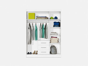 Interior layout of the Bali Lux 149cm wardrobe with clothes on two hanging rails and folded items on centre shelves