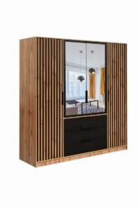 Front view of the Bali Lux 196cm wardrobe in Oak Wotan and Black Matt with three wide black drawers