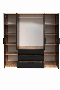 Bali Lux 196cm wardrobe in Oak Wotan and Black Matt with all doors open showing hanging rail, shelves and drawers