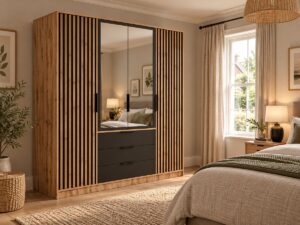 Bali Lux 4 door wardrobe in Oak Wotan and Black Matt with slatted outer doors, two mirrors and drawers in a bedroom