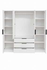Bali Lux 196cm wardrobe in White Matt with all doors open showing central hanging rail, shelves and drawers