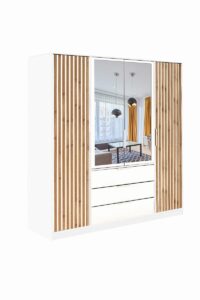 Front view of the Bali Lux 196cm wardrobe in Oak Wotan and White Matt with mirrored centre doors