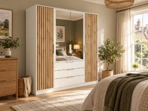 Bali Lux 4 door wardrobe in Oak Wotan and White Matt with oak slatted doors and two mirrored doors in a bedroom