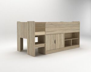 Kudl oak storage mid sleeper with two-door cupboard, open shelves and built-in step