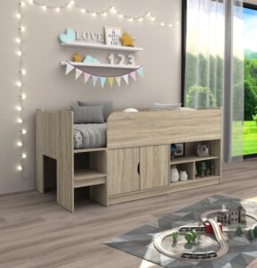 Kudl oak effect storage mid sleeper in a child's bedroom, with toys on the open shelves and a step at the foot end