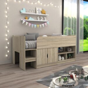 Kudl oak effect storage mid sleeper in a child's bedroom, with toys on the open shelves and a step at the foot end