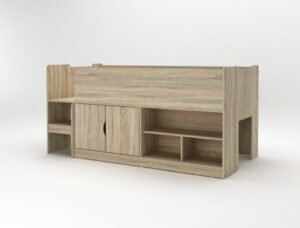 Kudl oak mid sleeper seen from the other end, showing the cupboard and the open cube shelving