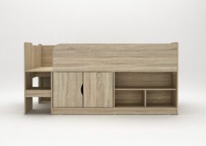 Front view of the Kudl oak storage mid sleeper with cupboard doors closed and shelves beside them