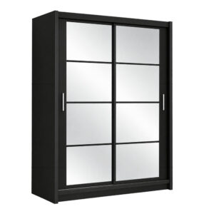 Front angle view of the Dakota 160cm sliding wardrobe in Black Matt with two mirrored doors