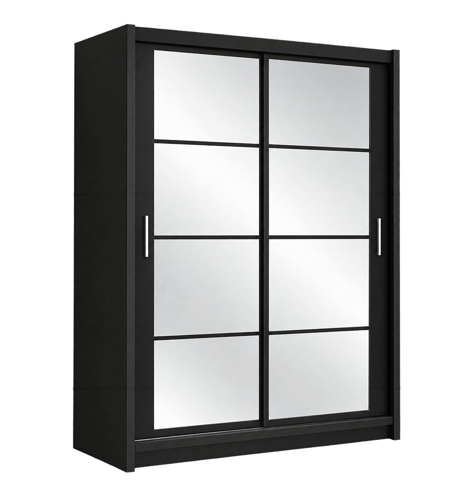 Front angle view of the Dakota 160cm sliding wardrobe in Black Matt with two mirrored doors