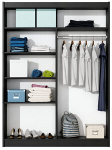 Interior of the Dakota 160cm wardrobe in Black Matt showing shelves and a hanging rail