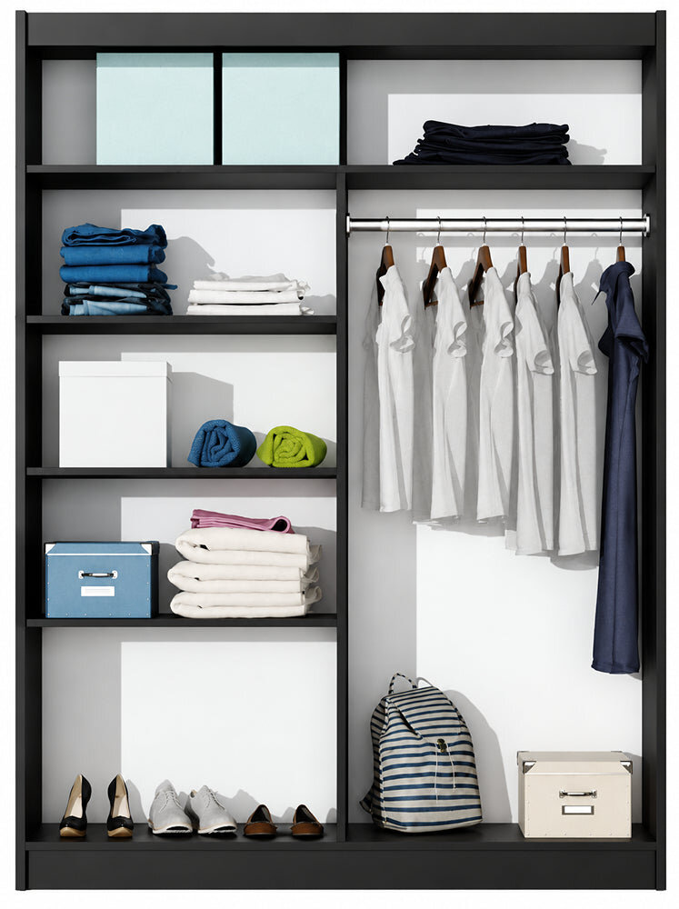 Interior of the Dakota 160cm wardrobe in Black Matt showing shelves and a hanging rail