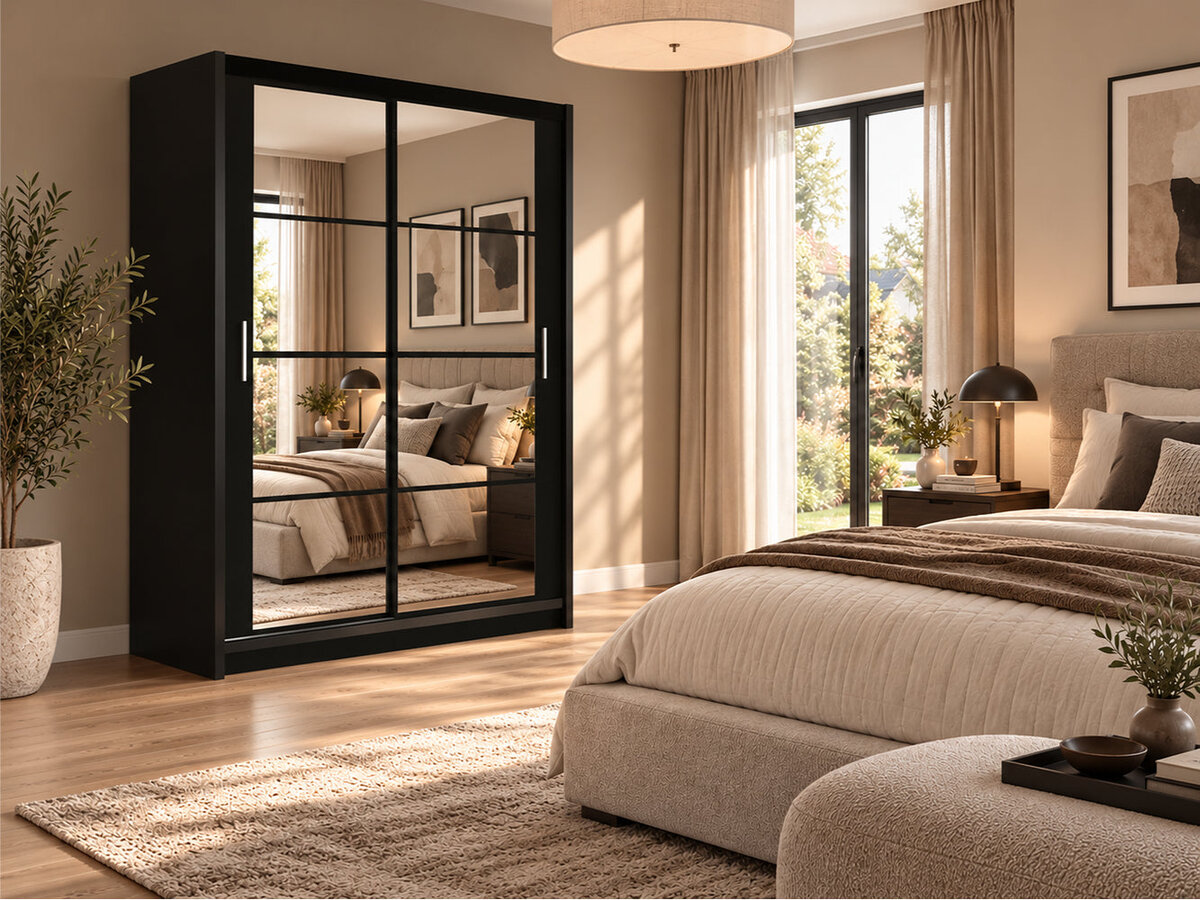 Dakota 160cm mirrored sliding door wardrobe in Black Matt with black grid bars in a bedroom
