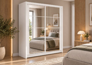 Dakota 160cm mirrored sliding door wardrobe in White Matt with grid mirrors in a bedroom