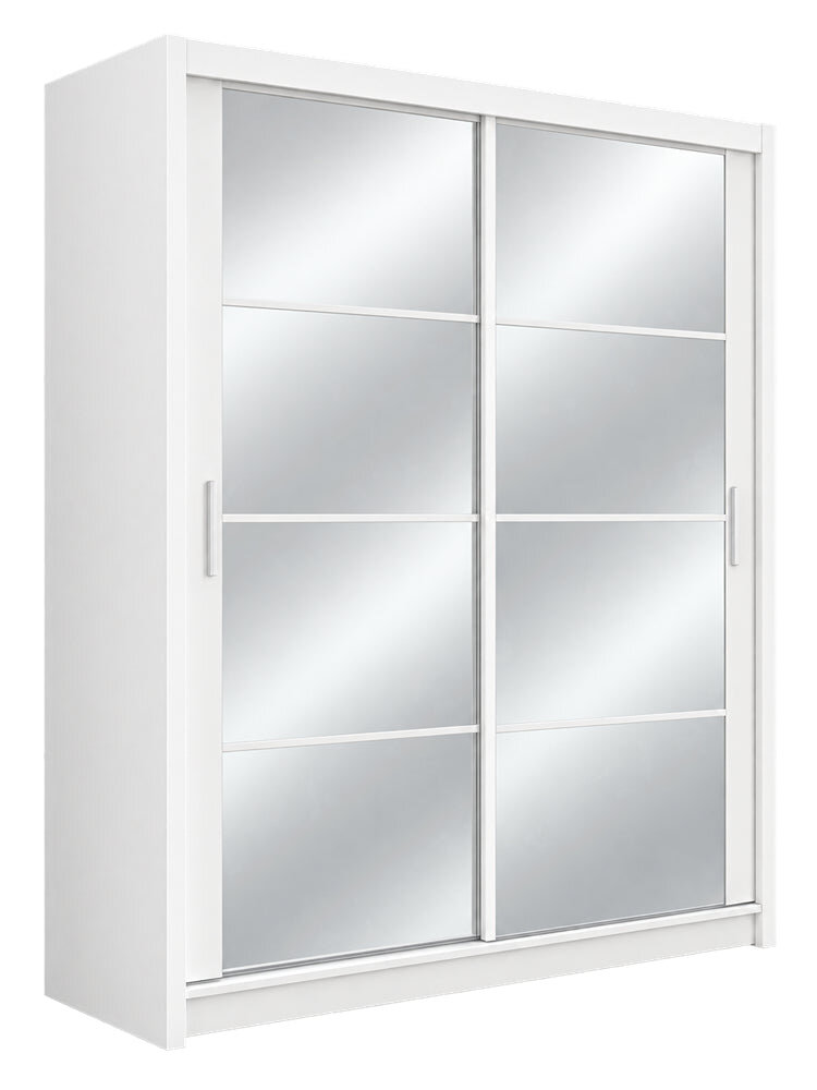 Front angle view of the Dakota 160cm sliding wardrobe in White Matt with two mirrored doors