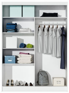 Interior of the Dakota 160cm wardrobe in White Matt showing shelves and a hanging rail