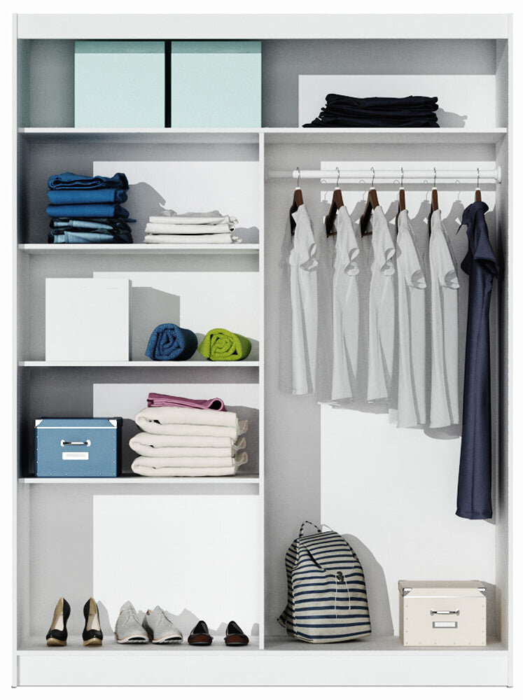 Interior of the Dakota 160cm wardrobe in White Matt showing shelves and a hanging rail