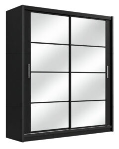 Front angle view of the Dakota 203cm sliding wardrobe in Black Matt with two wide mirrored doors