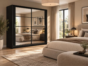 Dakota 203cm mirrored sliding door wardrobe in Black Matt with black grid bars in a bedroom