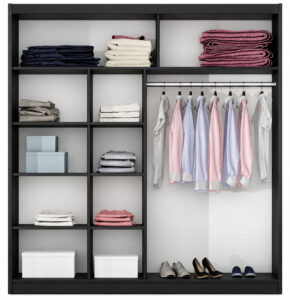 Interior of the Dakota 203cm wardrobe in Black Matt showing a two-column shelving bay and hanging rail