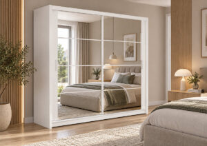 Dakota 203cm mirrored sliding door wardrobe in White Matt with grid mirrors in a bedroom