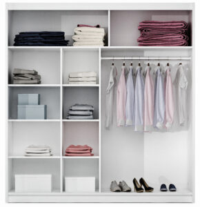 Interior of the Dakota 203cm wardrobe in White Matt showing a two-column shelving bay and hanging rail