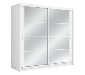 Front angle view of the Dakota 203cm sliding wardrobe in White Matt with two wide mirrored doors