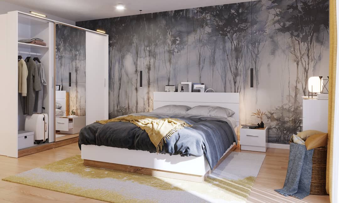 Dentro DT-01 mirrored sliding wardrobe open in a bedroom with the matching Dentro bed