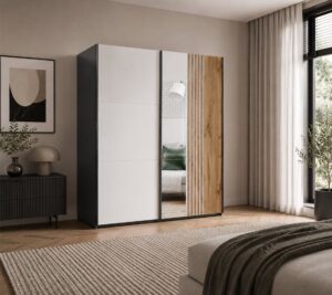 Evora Slatted Mirrored Sliding Wardrobe 203cm in a bedroom, black matt with Cashmere door, mirror and Oak Wotan slats