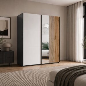 Evora Slatted Mirrored Sliding Wardrobe 203cm in a bedroom, black matt with Cashmere door, mirror and Oak Wotan slats