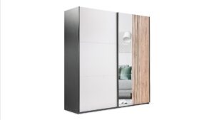 Evora Slatted Mirrored Sliding Wardrobe 203cm angled view showing black matt side, mirror and Oak Wotan slats