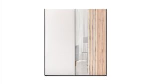 Evora Slatted Mirrored Sliding Wardrobe 203cm front view, Cashmere door and mirrored door with Oak Wotan slats