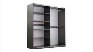 Evora Slatted Mirrored Sliding Wardrobe 203cm interior with doors removed showing shelving and double hanging rails