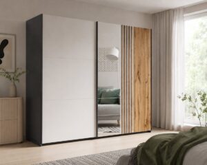 Evora Slatted Mirrored Sliding Wardrobe 250cm in a bedroom, black matt with Cashmere door, mirror and Oak Wotan slats