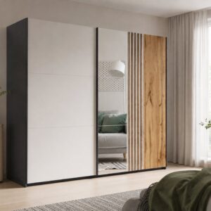 Evora Slatted Mirrored Sliding Wardrobe 250cm in a bedroom, black matt with Cashmere door, mirror and Oak Wotan slats