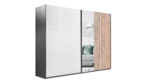 Evora Slatted Mirrored Sliding Wardrobe 250cm angled view showing black matt side, mirror and Oak Wotan slats